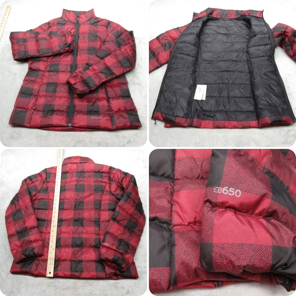 Eddie Bauer Down Jacket Women Medium Red Black Plaid Puffer EB650 Lightweight